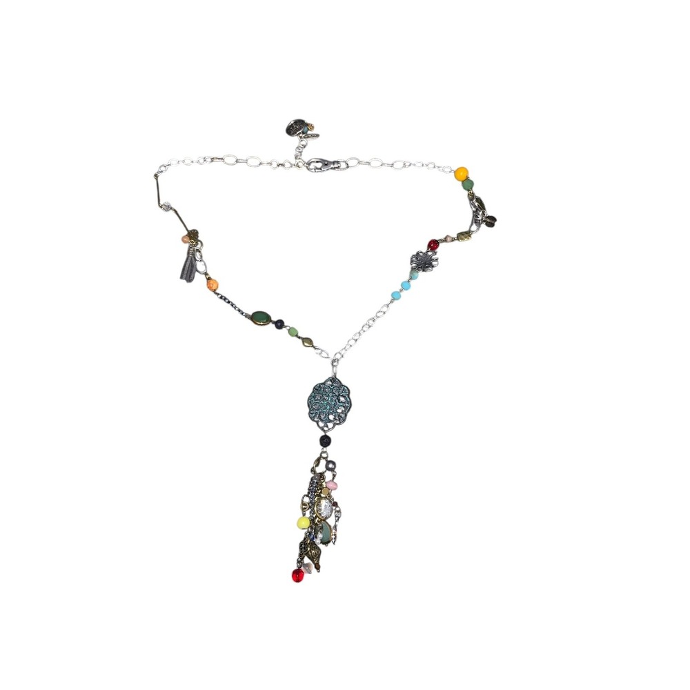 Boho Charm Necklace Multicolor Beads Turquoise‎ Filigree Pendant Tassel Drop